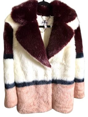 Jakke Faux Fur Colorblock Coat Burgundy Cream Pink Size US 6 EU 38